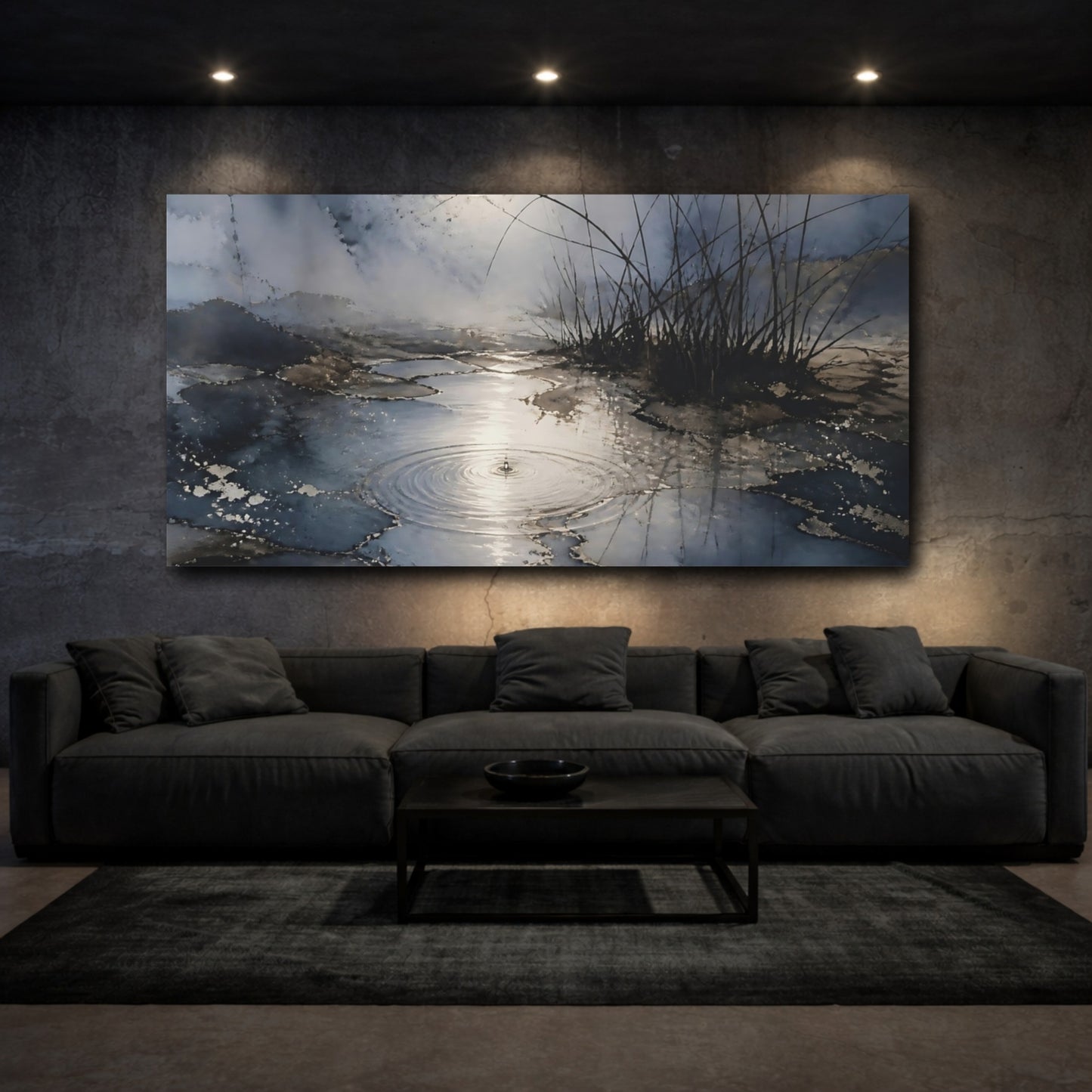 Mockup 3. Moonlit Pond With Reeds shown as canvas print