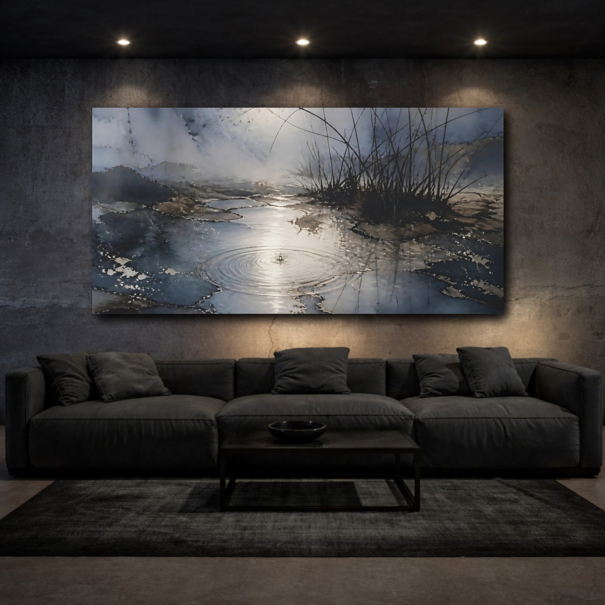 Mockup 3. Moonlit Pond With Reeds shown as canvas print