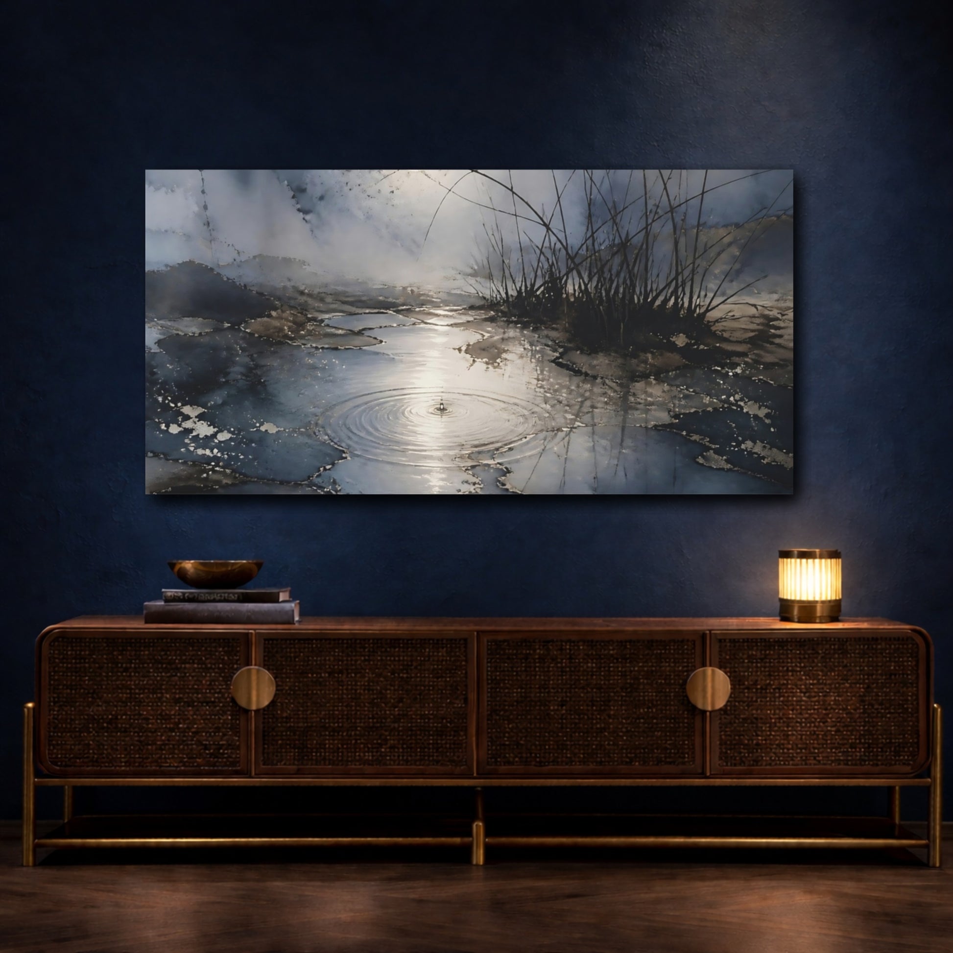 Mockup 4. Moonlit Pond With Reeds shown as canvas print