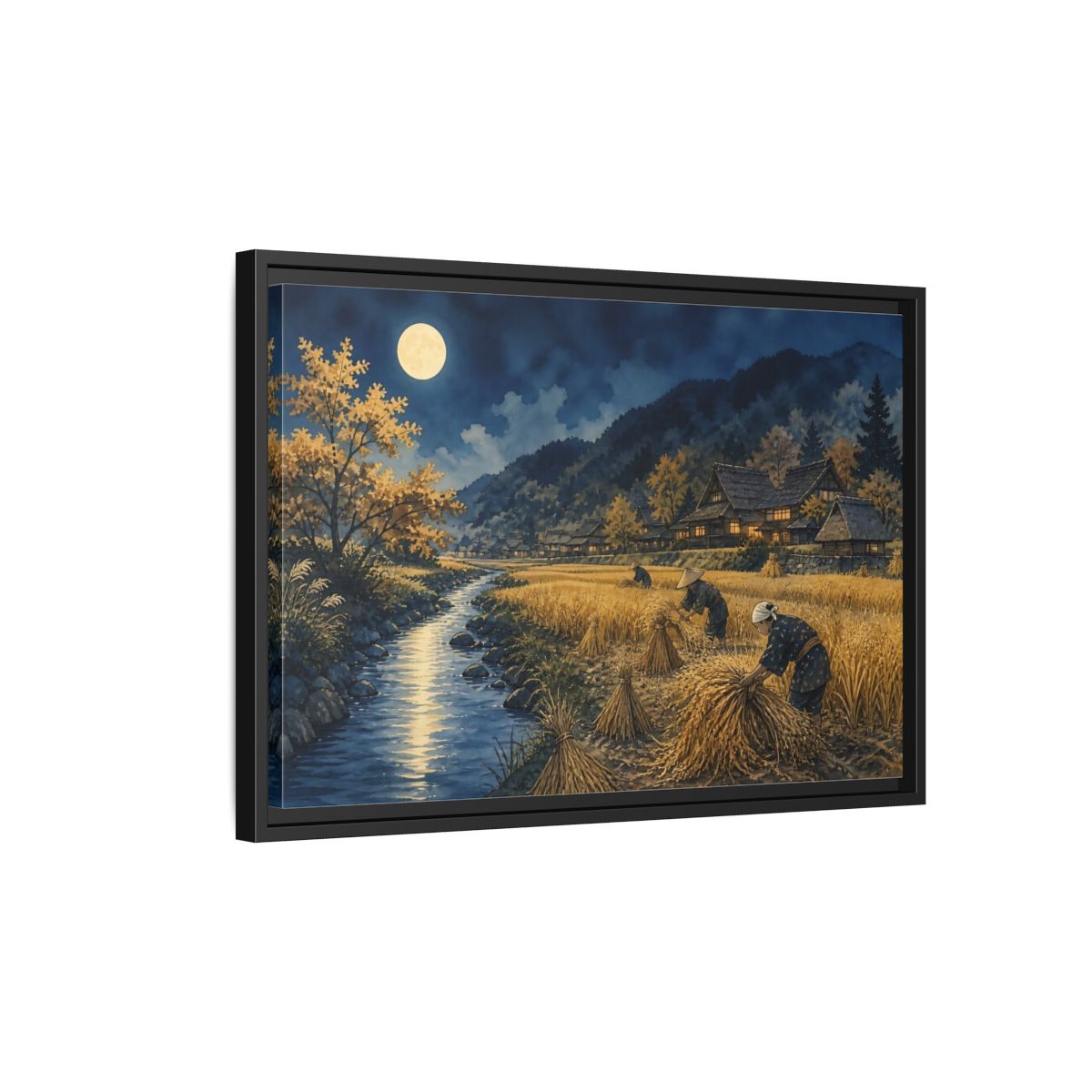 Side Mockup 3. Moonlit Rice Harvest Village shown as framed canvas print