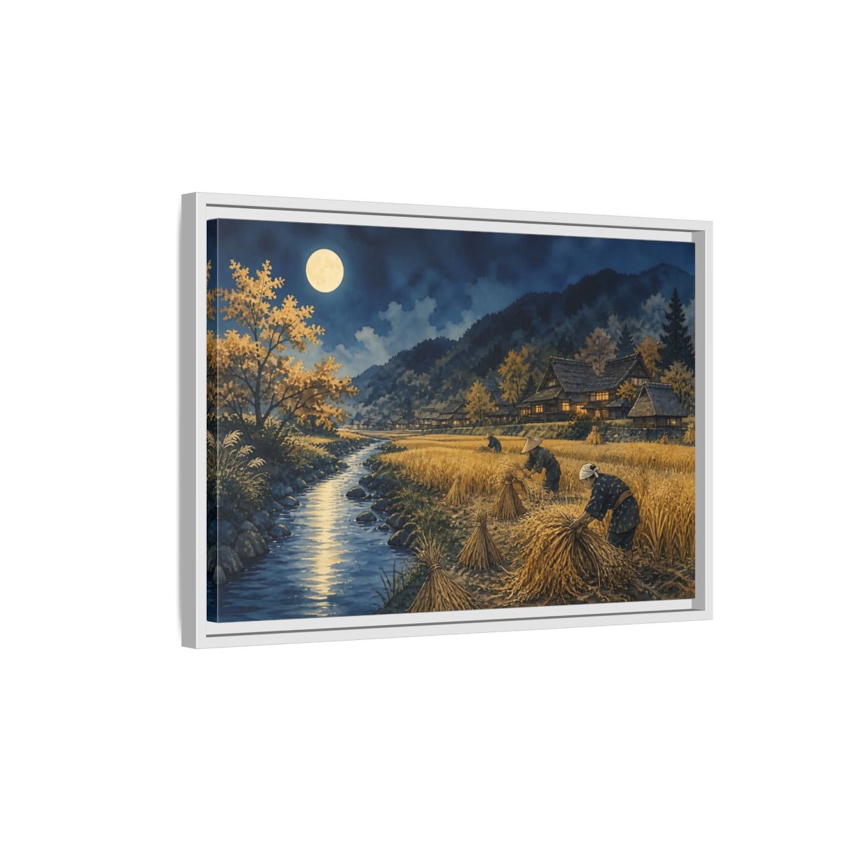 Side Mockup 1. Moonlit Rice Harvest Village shown as framed canvas print