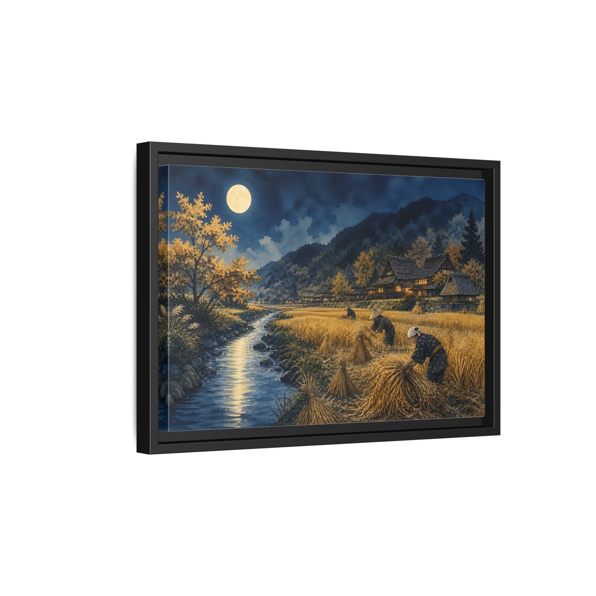 Side Mockup 6. Moonlit Rice Harvest Village shown as framed canvas print