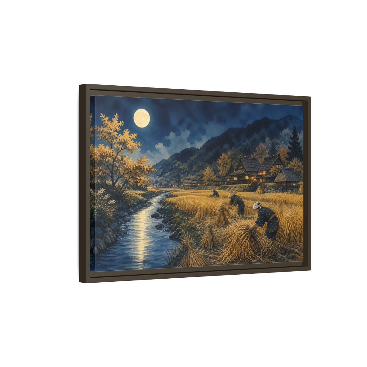Side Mockup 2. Moonlit Rice Harvest Village shown as framed canvas print