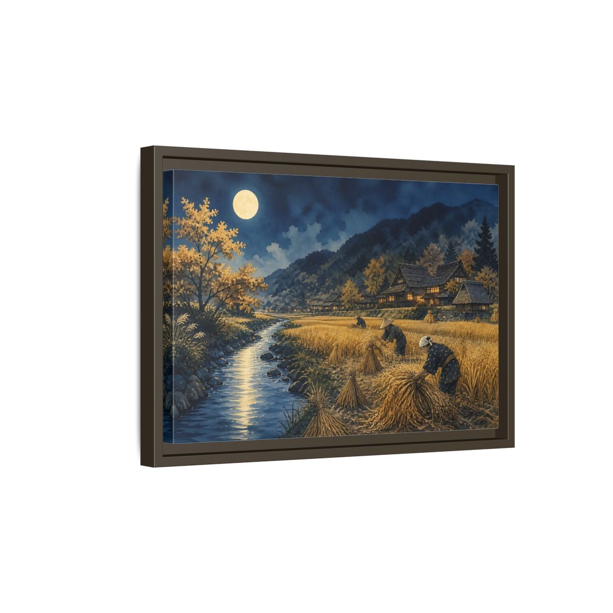 Side Mockup 5. Moonlit Rice Harvest Village shown as framed canvas print