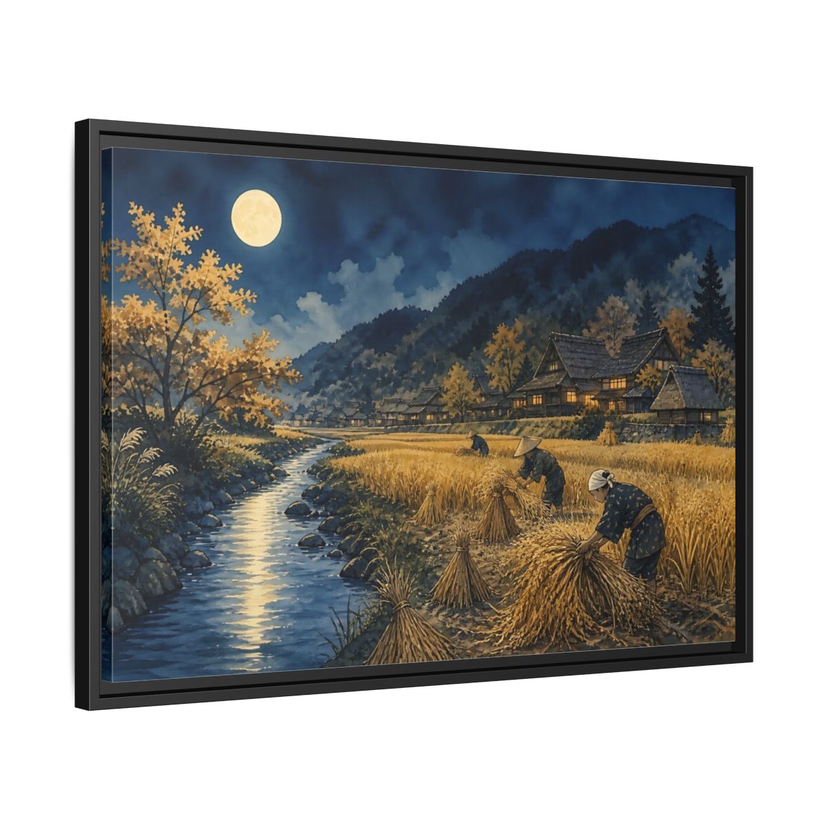 Side Mockup 14. Moonlit Rice Harvest Village shown as framed canvas print