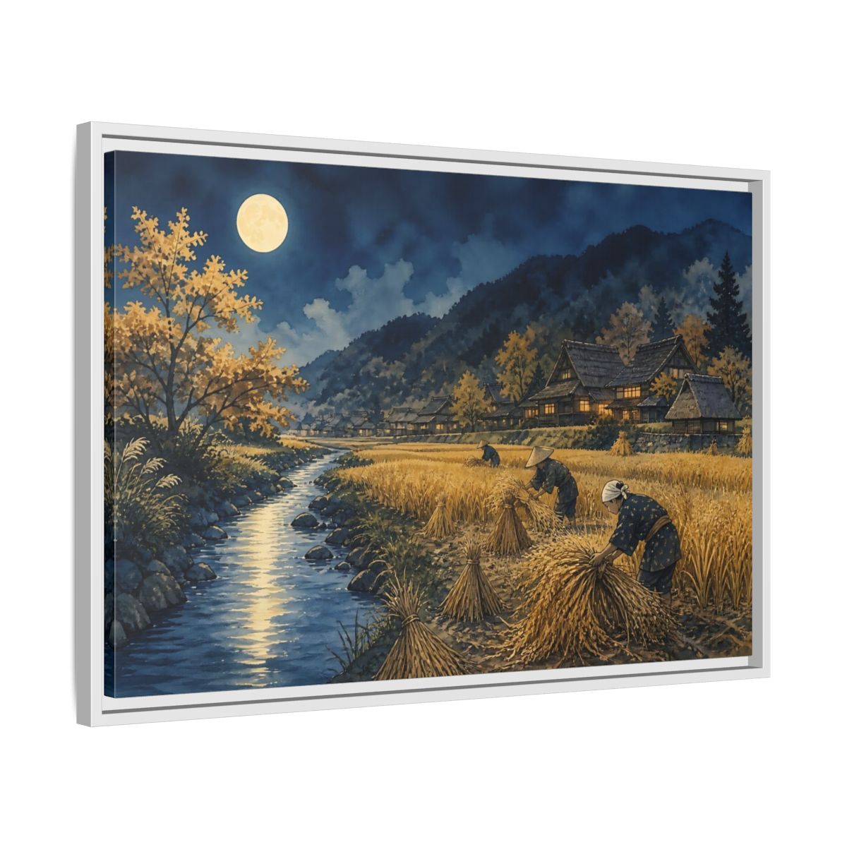 Side Mockup 10. Moonlit Rice Harvest Village shown as framed canvas print