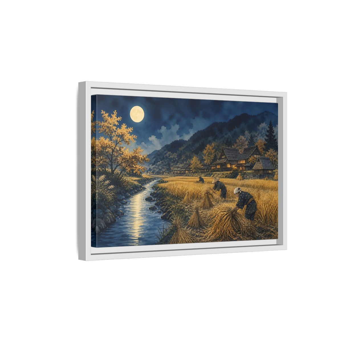 Side Mockup 4. Moonlit Rice Harvest Village shown as framed canvas print