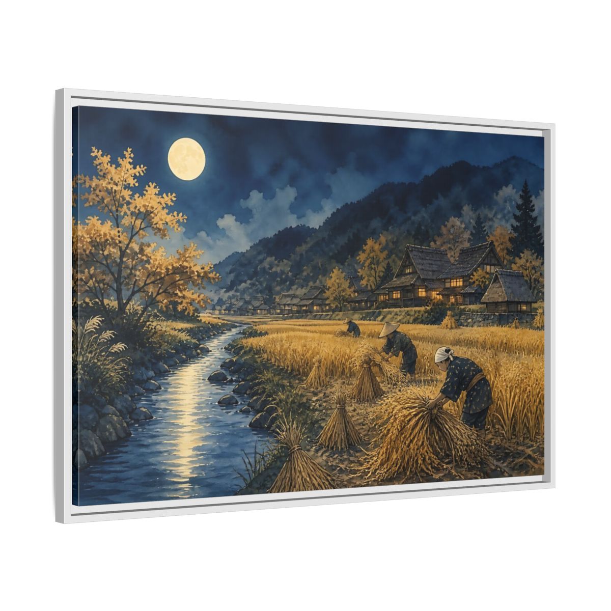 Side Mockup 9. Moonlit Rice Harvest Village shown as framed canvas print