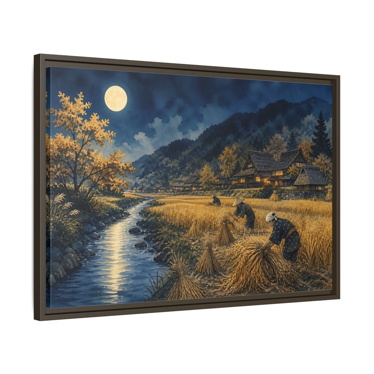 Side Mockup 11. Moonlit Rice Harvest Village shown as framed canvas print