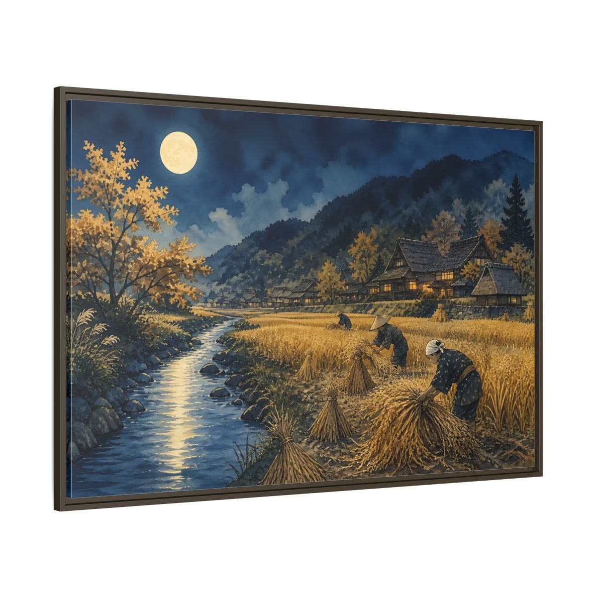Side Mockup 8. Moonlit Rice Harvest Village shown as framed canvas print