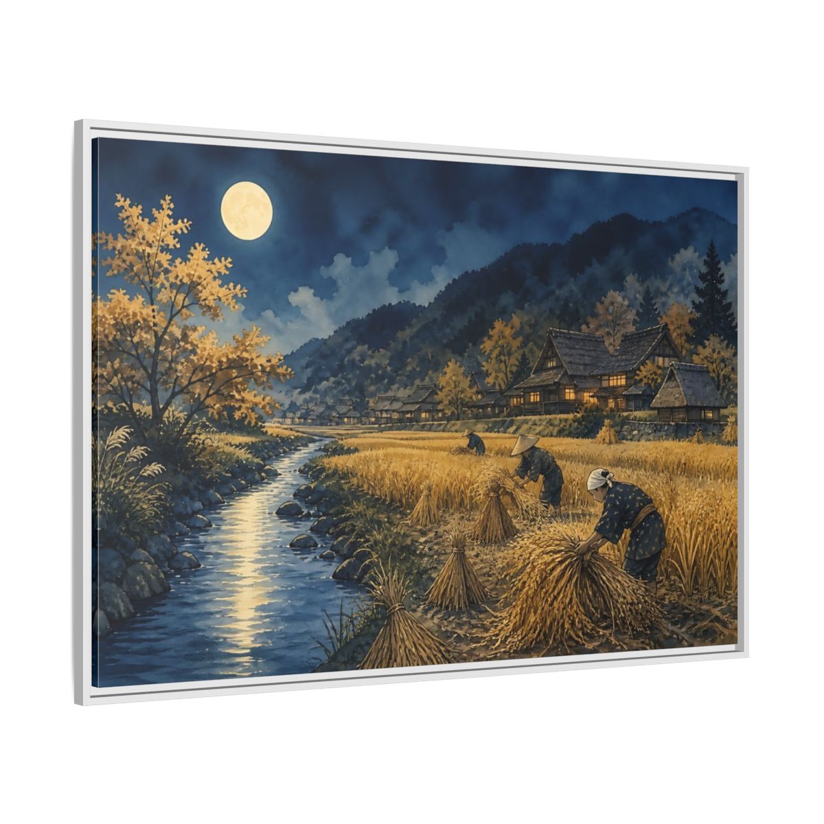 Side Mockup 7. Moonlit Rice Harvest Village shown as framed canvas print
