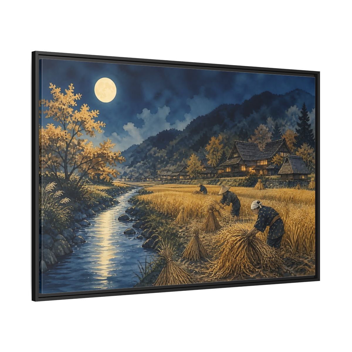 Side Mockup 12. Moonlit Rice Harvest Village shown as framed canvas print