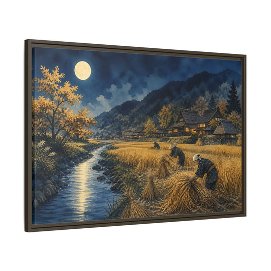 Main Mockup. Moonlit Rice Harvest Village shown as framed canvas print