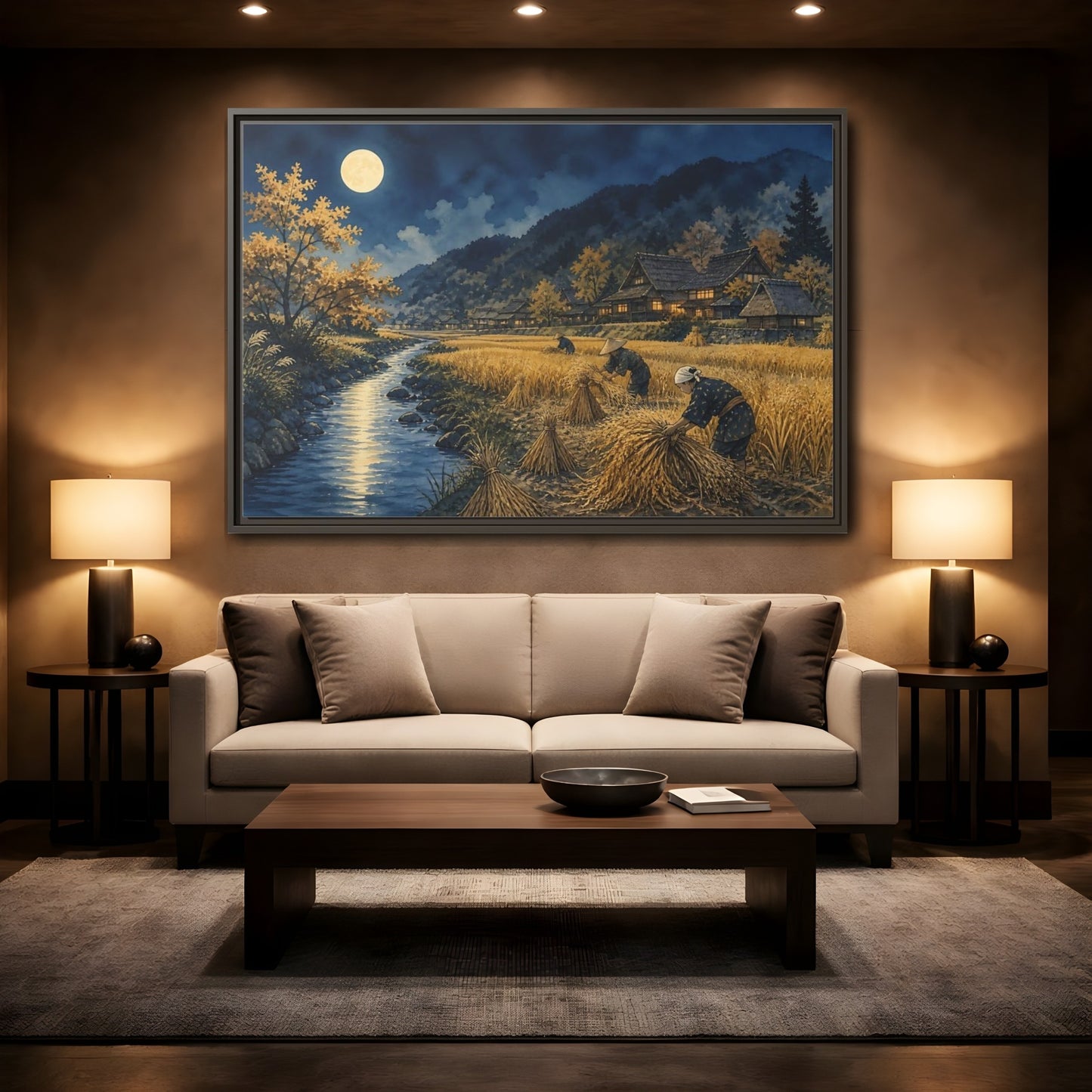 Mockup 2. Moonlit Rice Harvest Village shown as framed canvas print