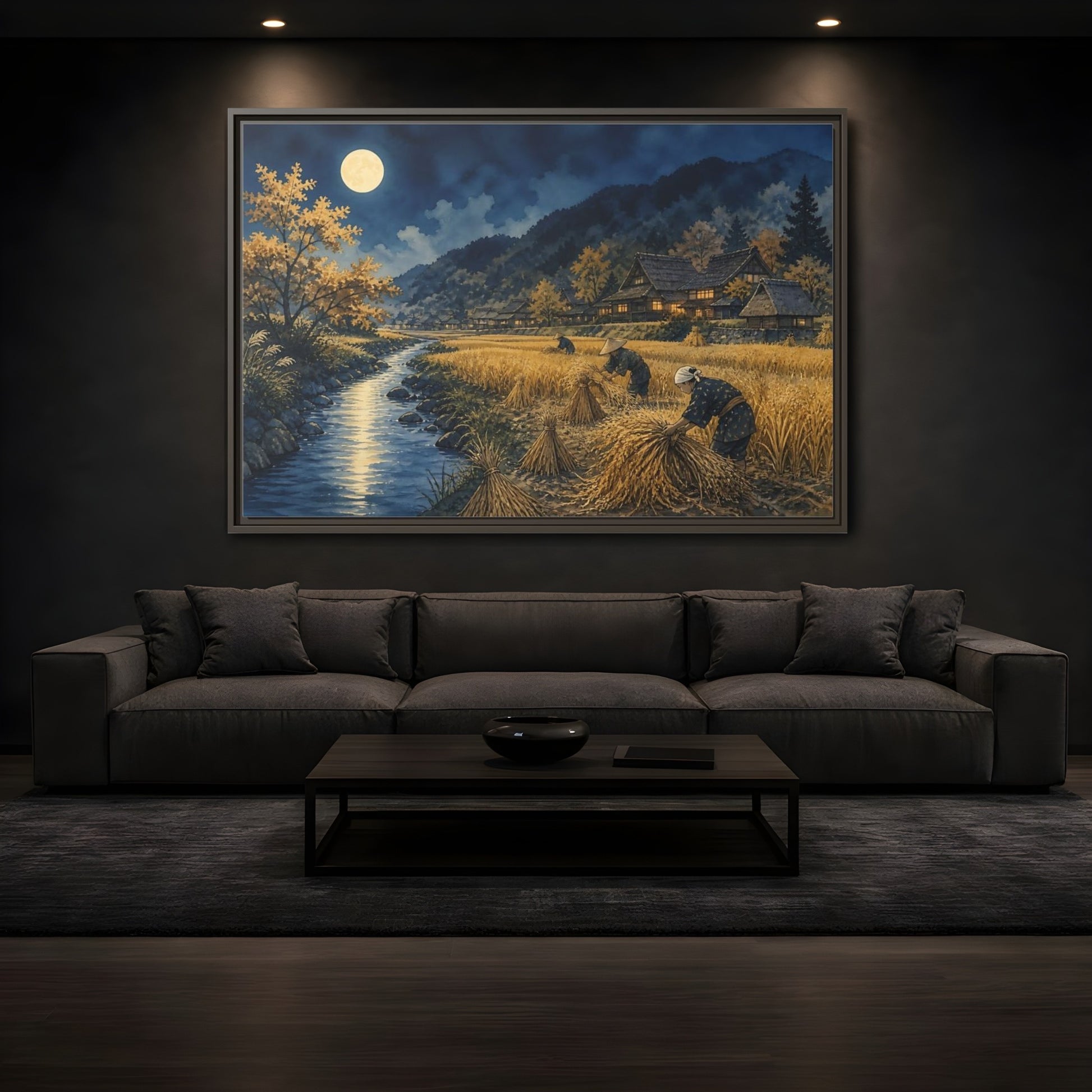 Mockup 3. Moonlit Rice Harvest Village shown as framed canvas print