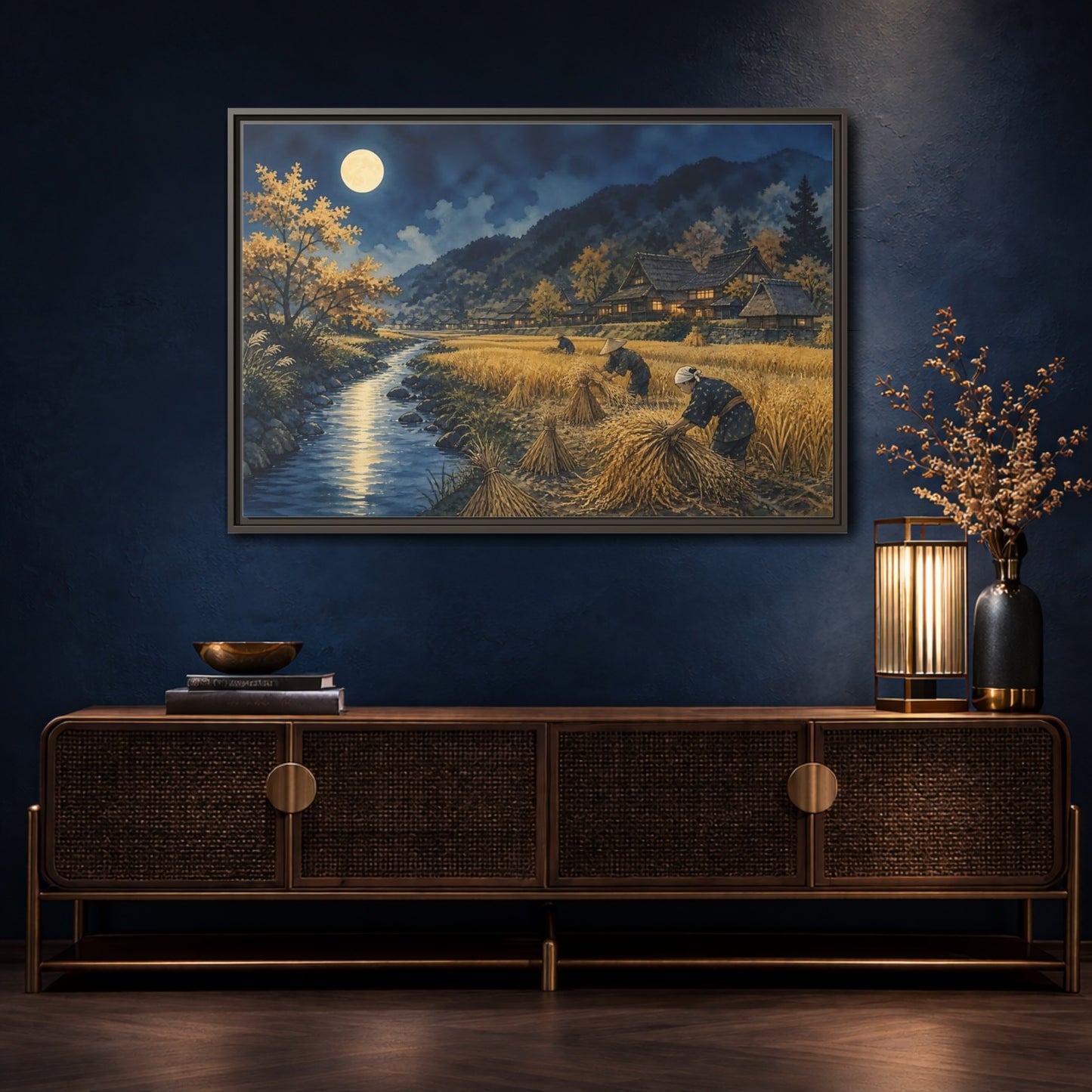 Mockup 4. Moonlit Rice Harvest Village shown as framed canvas print