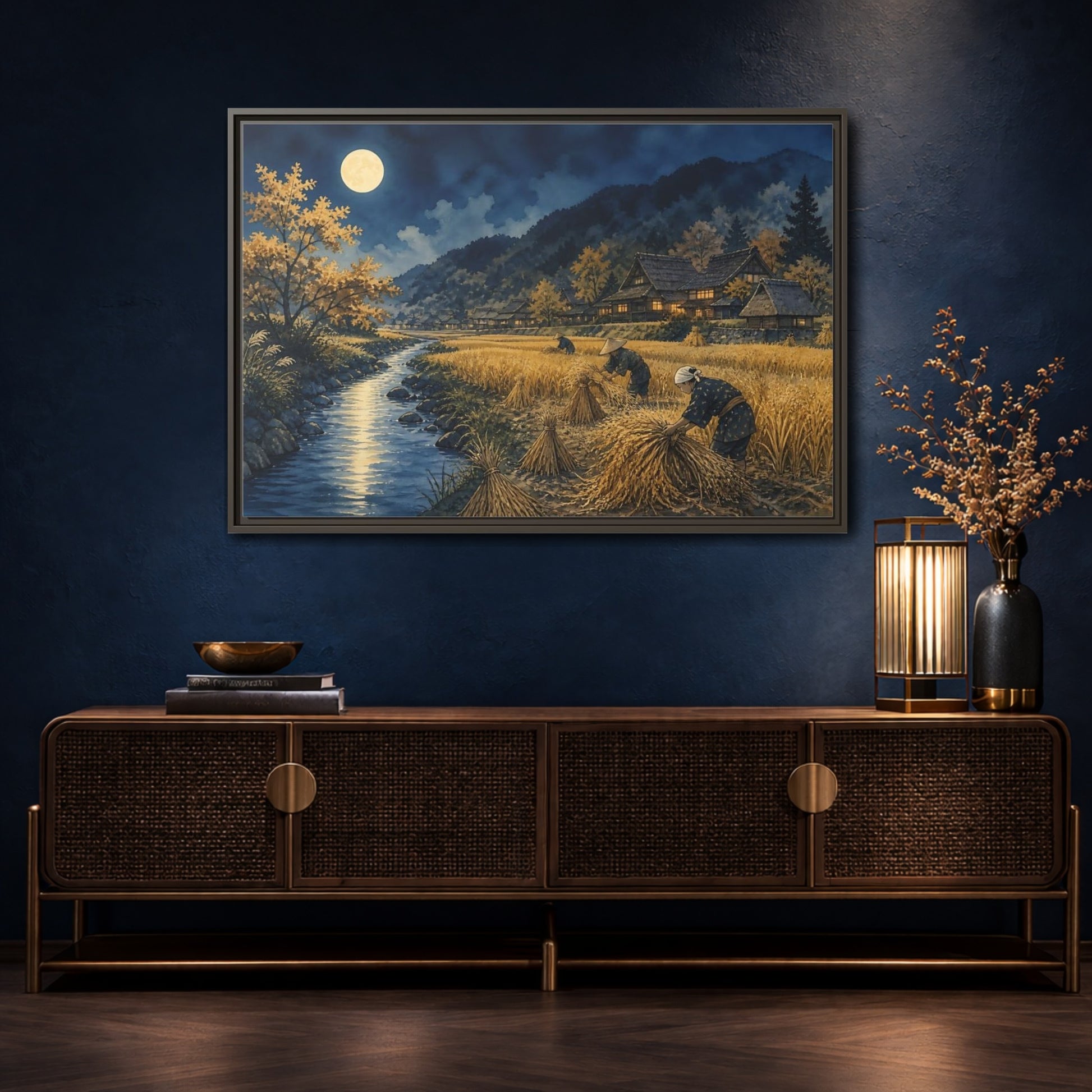 Mockup 4. Moonlit Rice Harvest Village shown as framed canvas print