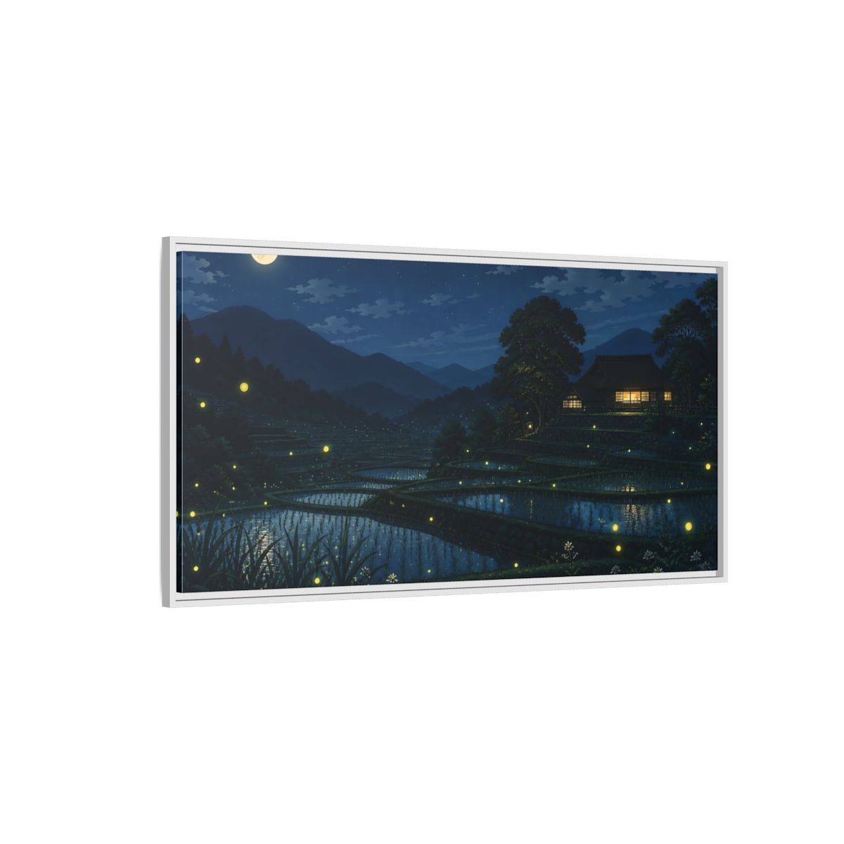 Side Mockup 3. Moonlit Rice Terraces shown as framed canvas print