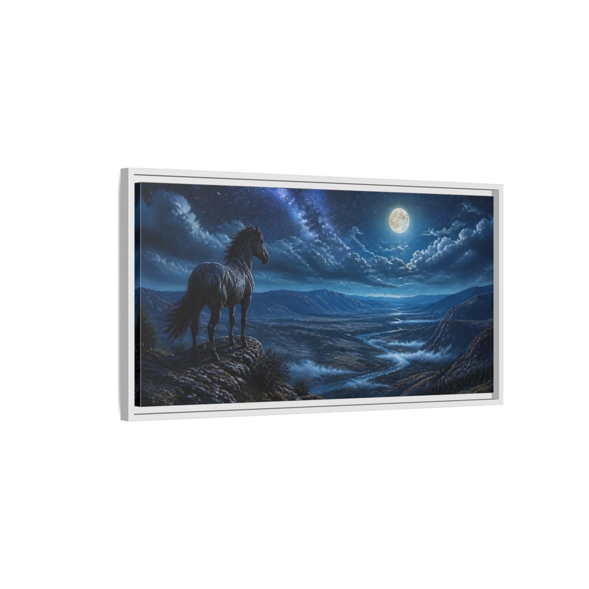 Side Mockup 1. Moonlit Ridge Mustang shown as framed canvas print