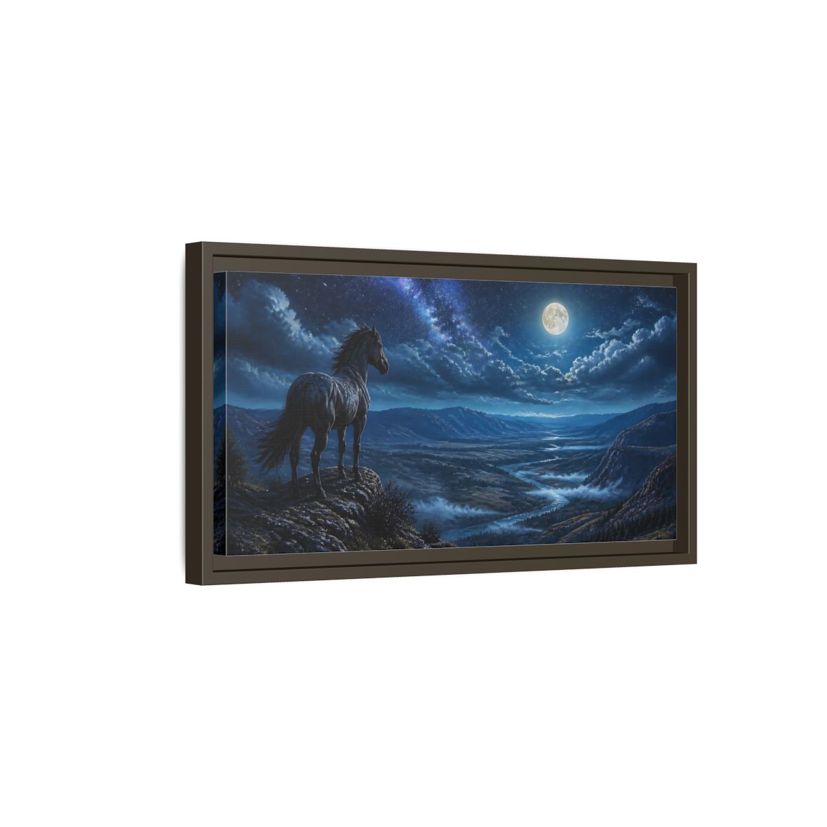 Side Mockup 7. Moonlit Ridge Mustang shown as framed canvas print