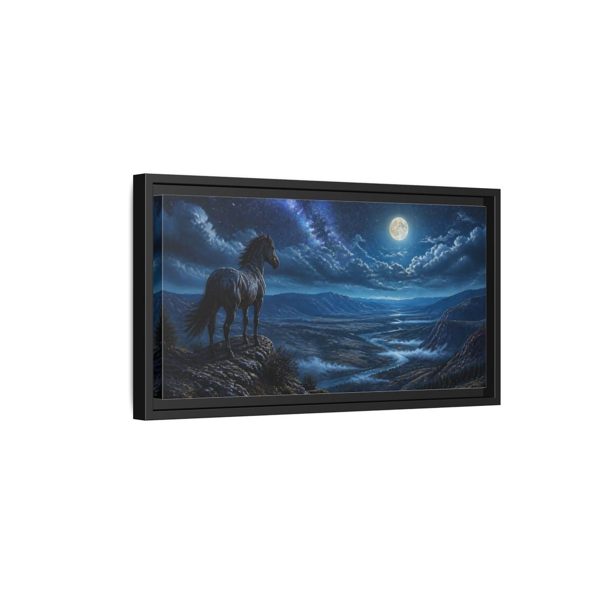 Side Mockup 8. Moonlit Ridge Mustang shown as framed canvas print