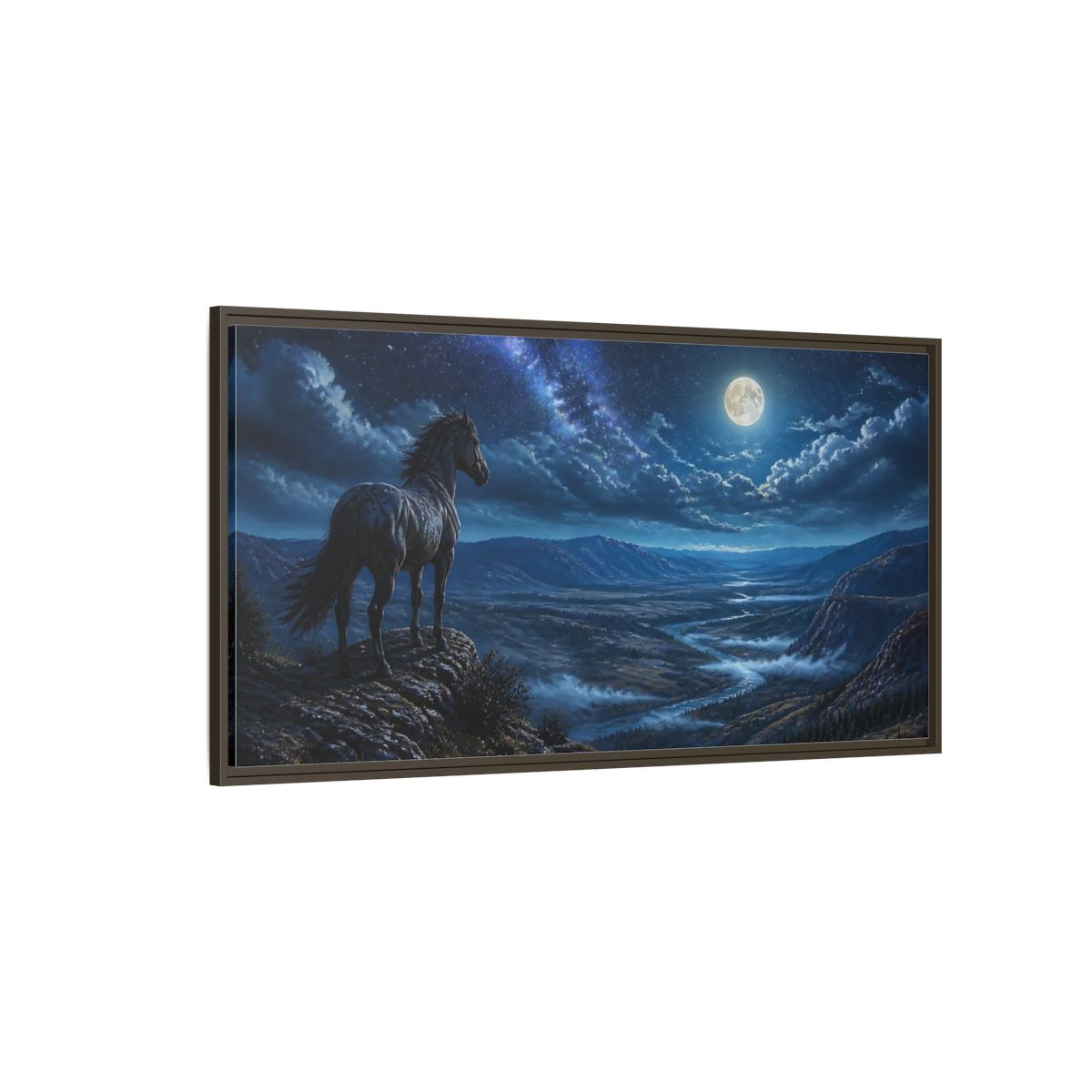 Side Mockup 4. Moonlit Ridge Mustang shown as framed canvas print