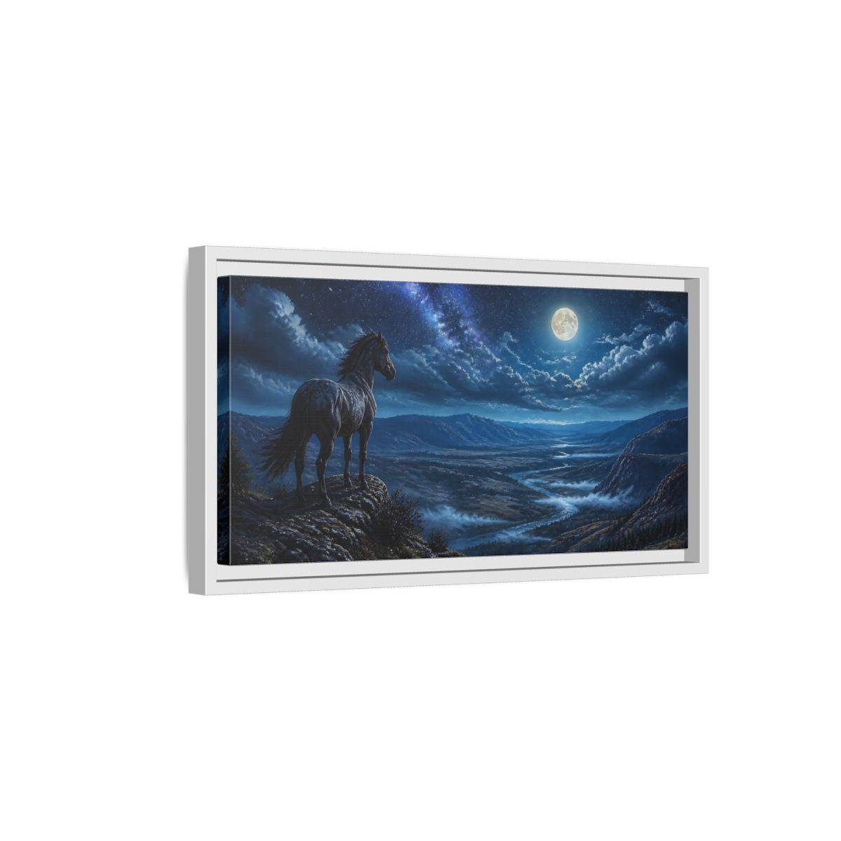 Side Mockup 6. Moonlit Ridge Mustang shown as framed canvas print