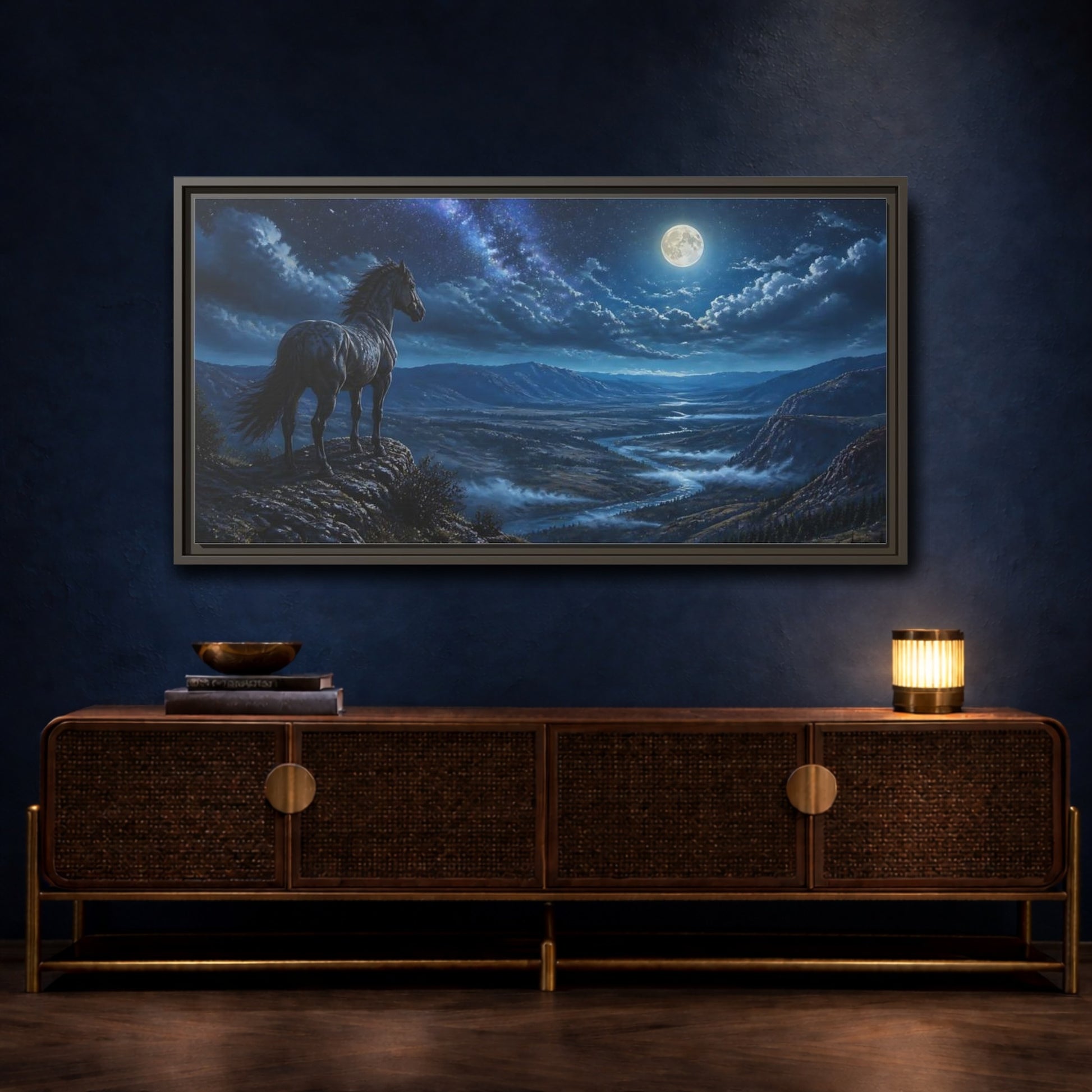 Mockup 4. Moonlit Ridge Mustang shown as framed canvas print