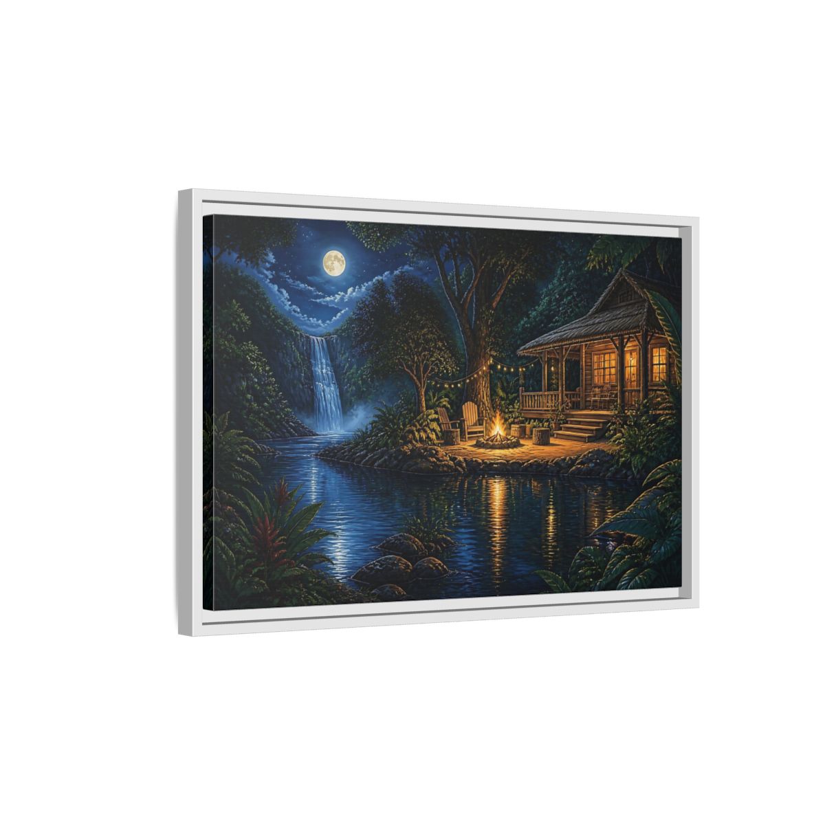 Side Mockup 1. Moonlit Riverside Cabin Retreat shown as framed canvas print
