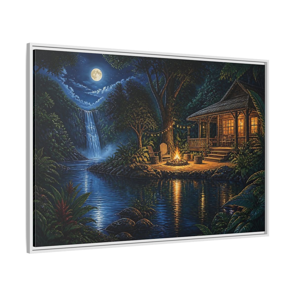 Side Mockup 7. Moonlit Riverside Cabin Retreat shown as framed canvas print