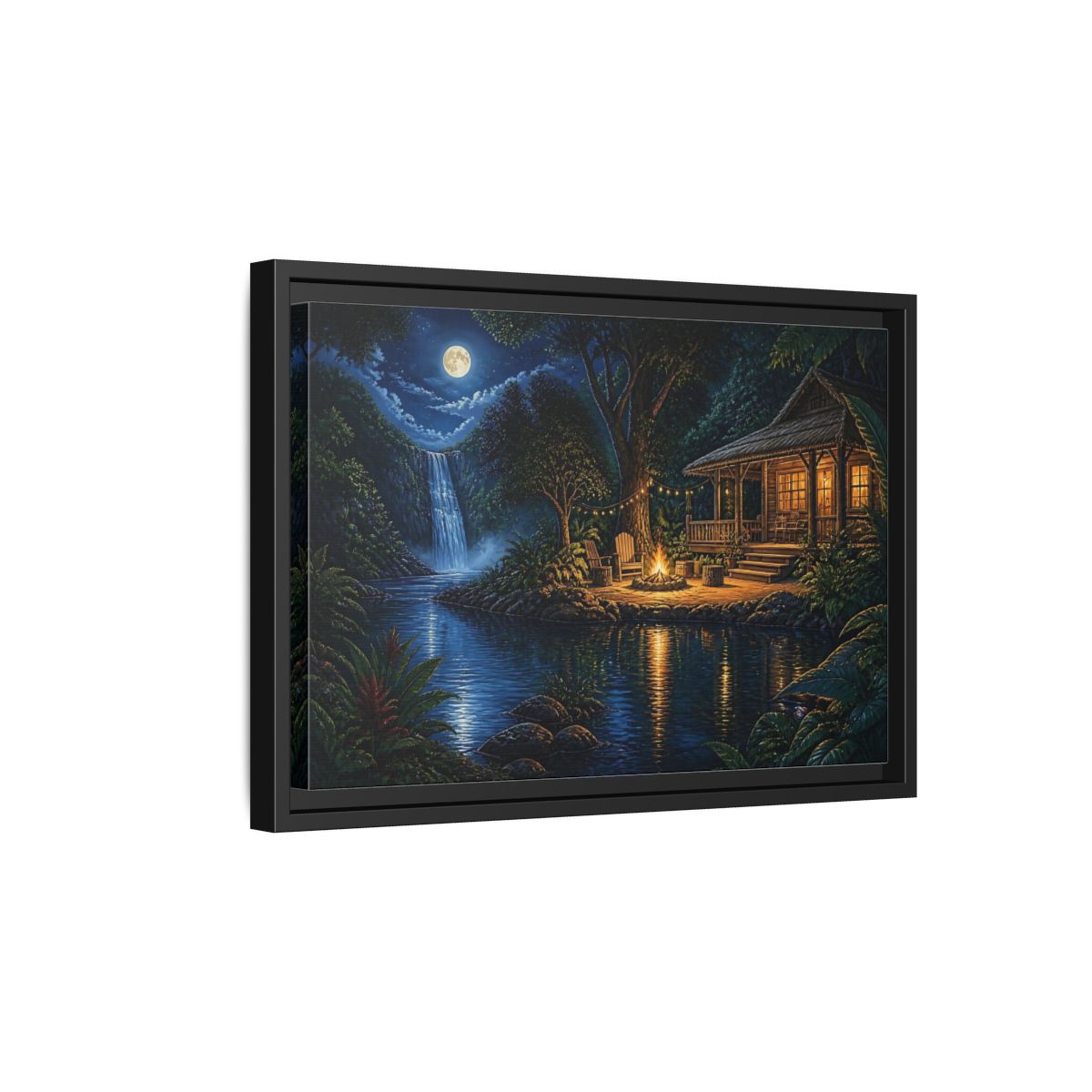 Side Mockup 6. Moonlit Riverside Cabin Retreat shown as framed canvas print