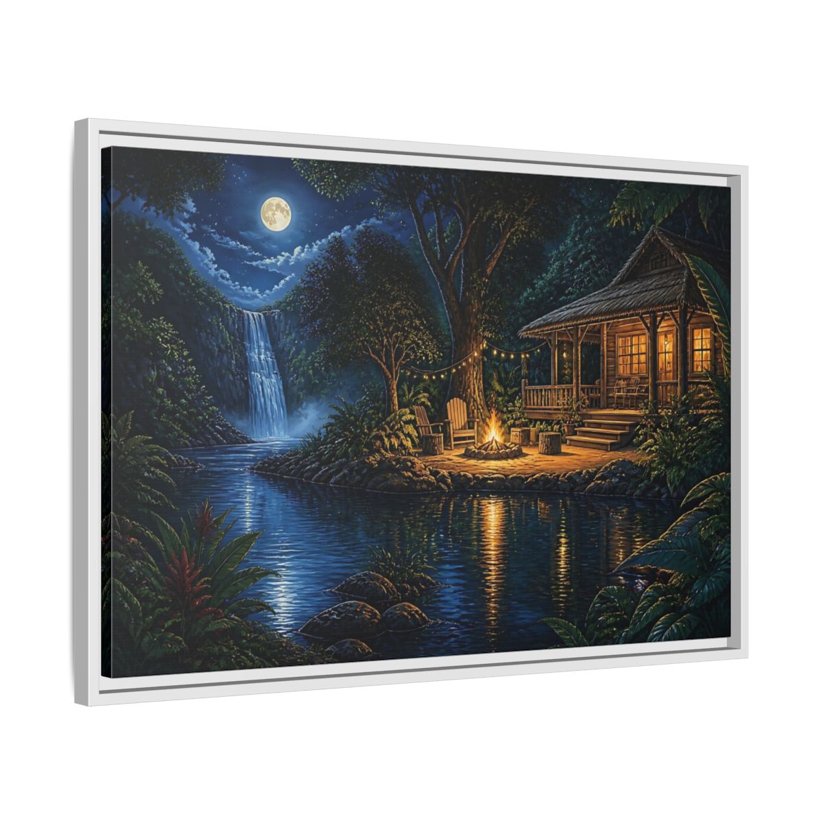 Side Mockup 10. Moonlit Riverside Cabin Retreat shown as framed canvas print