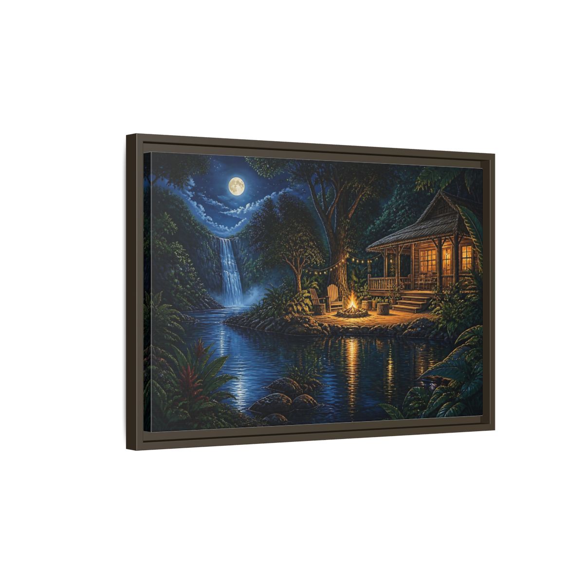 Side Mockup 2. Moonlit Riverside Cabin Retreat shown as framed canvas print