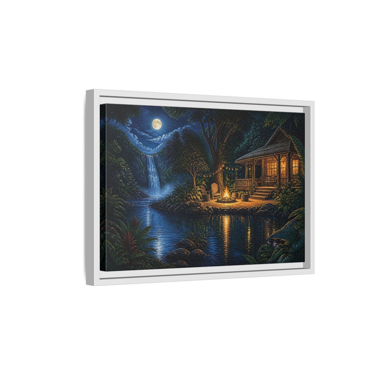 Side Mockup 4. Moonlit Riverside Cabin Retreat shown as framed canvas print