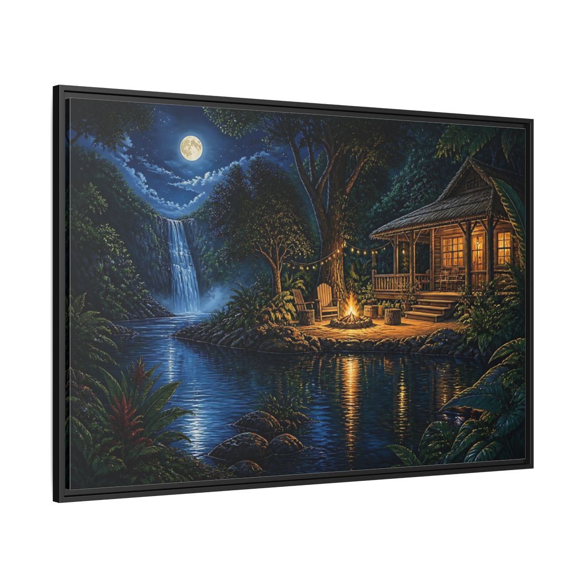 Side Mockup 12. Moonlit Riverside Cabin Retreat shown as framed canvas print