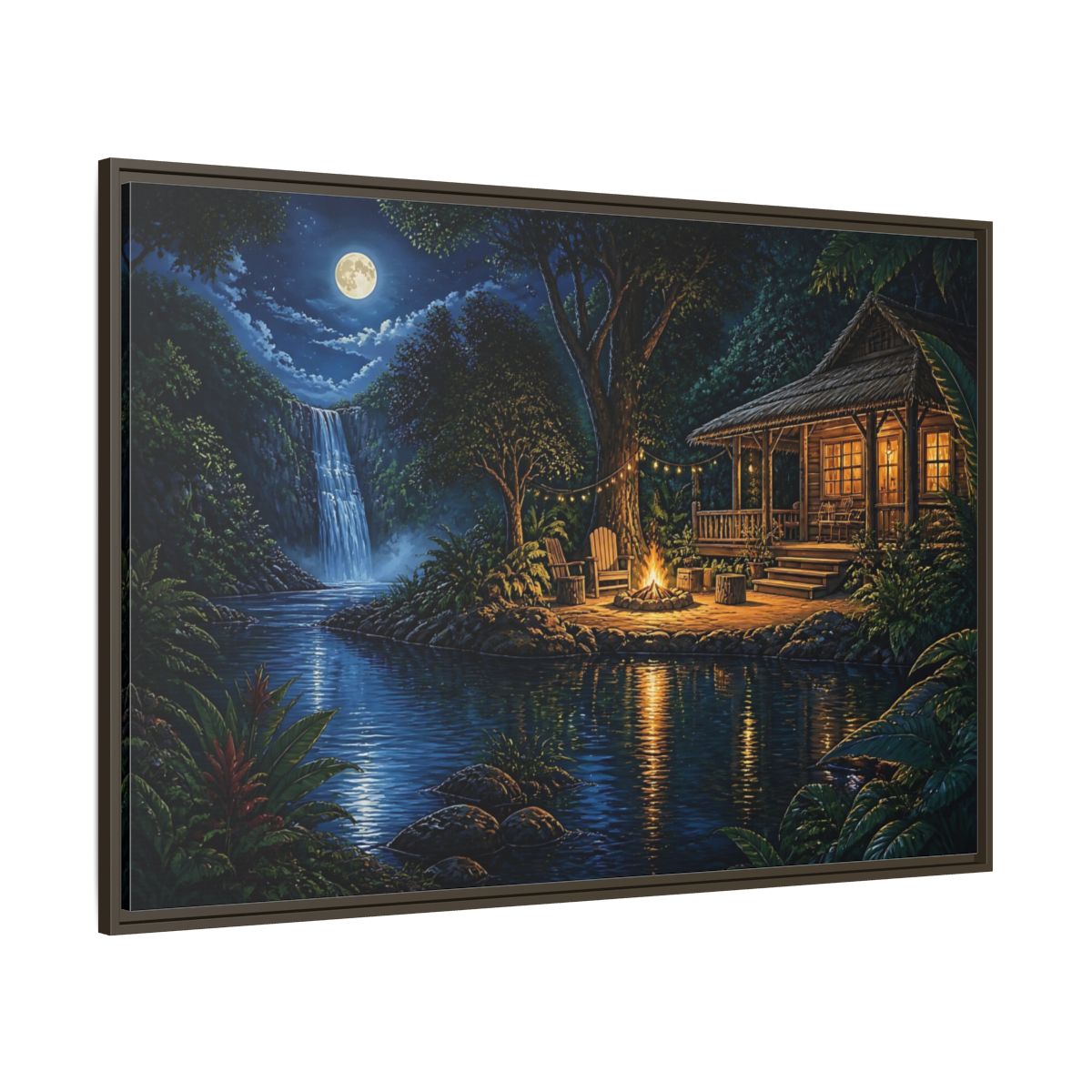 Side Mockup 8. Moonlit Riverside Cabin Retreat shown as framed canvas print