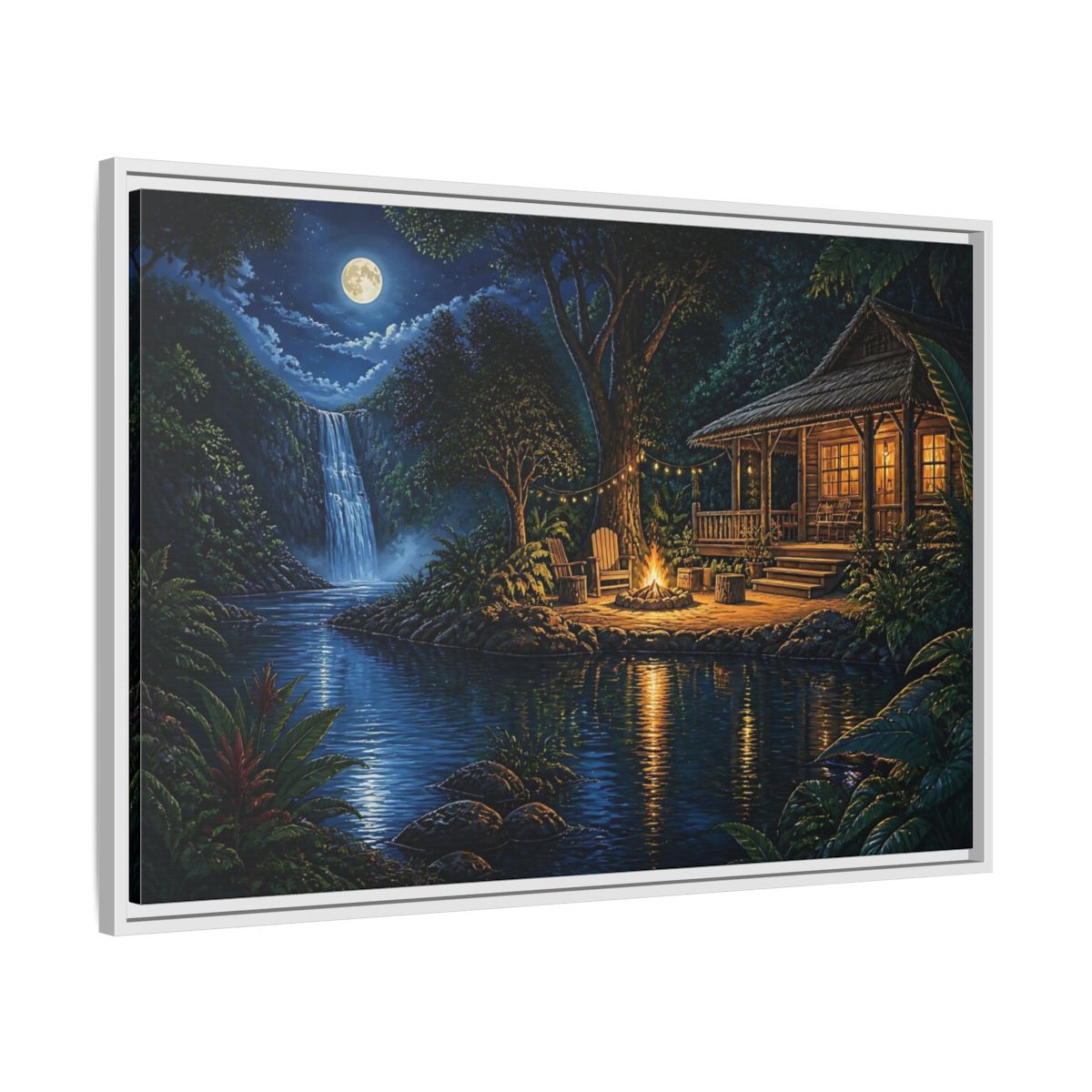 Side Mockup 9. Moonlit Riverside Cabin Retreat shown as framed canvas print
