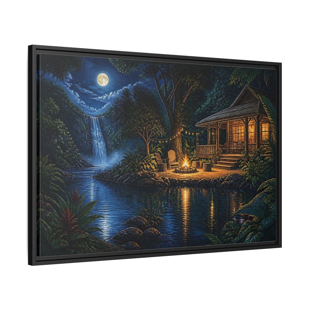 Side Mockup 13. Moonlit Riverside Cabin Retreat shown as framed canvas print