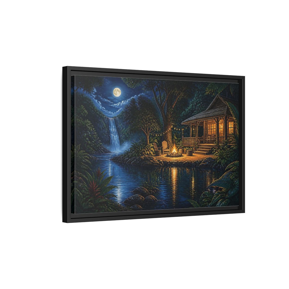 Side Mockup 3. Moonlit Riverside Cabin Retreat shown as framed canvas print