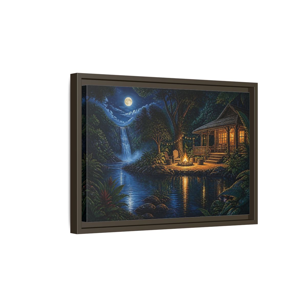 Side Mockup 5. Moonlit Riverside Cabin Retreat shown as framed canvas print