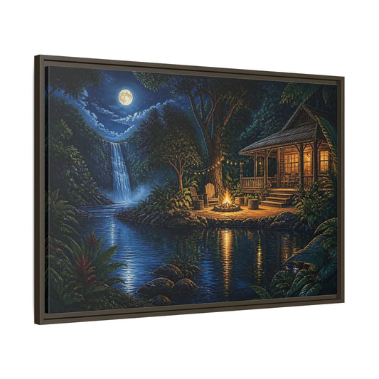 Main Mockup. Moonlit Riverside Cabin Retreat shown as framed canvas print