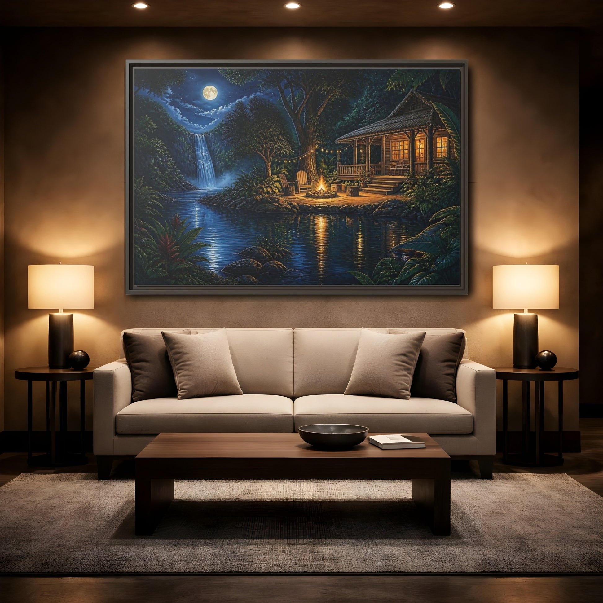 Mockup 2. Moonlit Riverside Cabin Retreat shown as framed canvas print