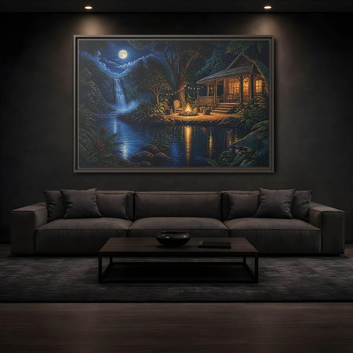 Mockup 3. Moonlit Riverside Cabin Retreat shown as framed canvas print
