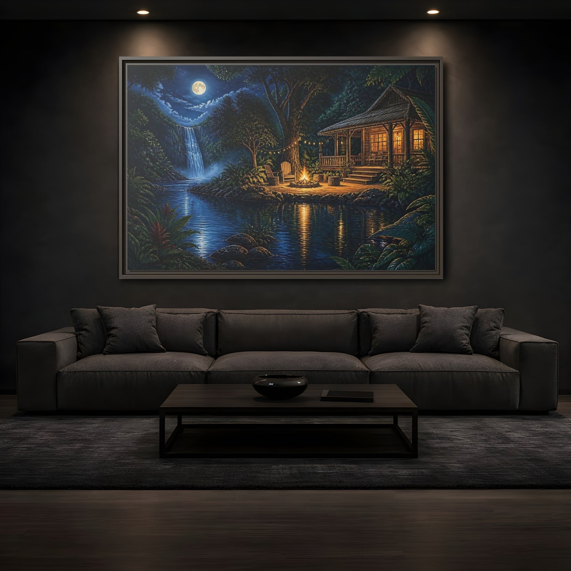 Mockup 3. Moonlit Riverside Cabin Retreat shown as framed canvas print
