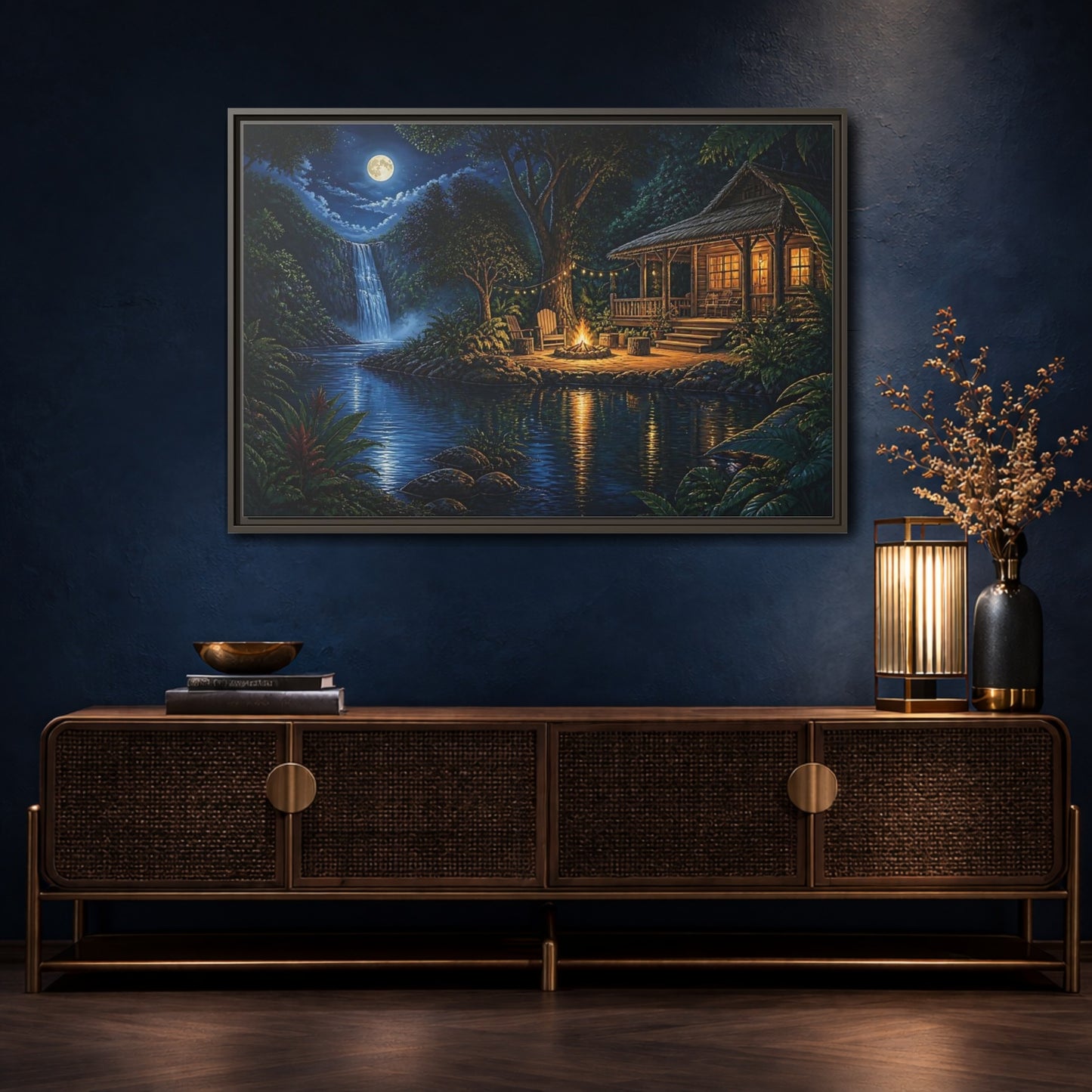 Mockup 4. Moonlit Riverside Cabin Retreat shown as framed canvas print