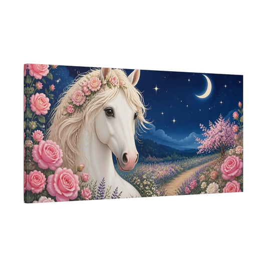 Main Mockup. Moonlit Rose Horse shown as canvas print