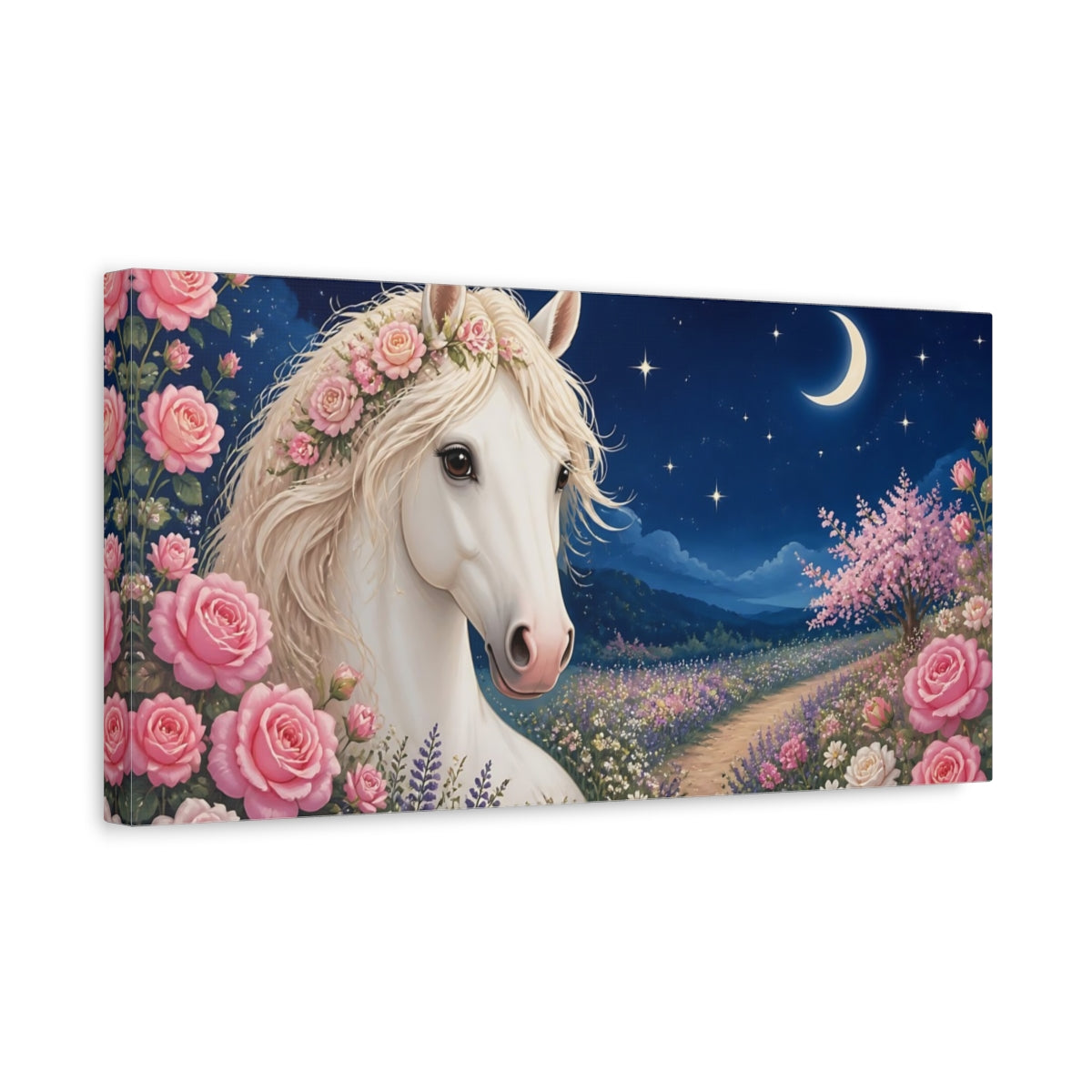 Side Mockup 3. Moonlit Rose Horse shown as canvas print