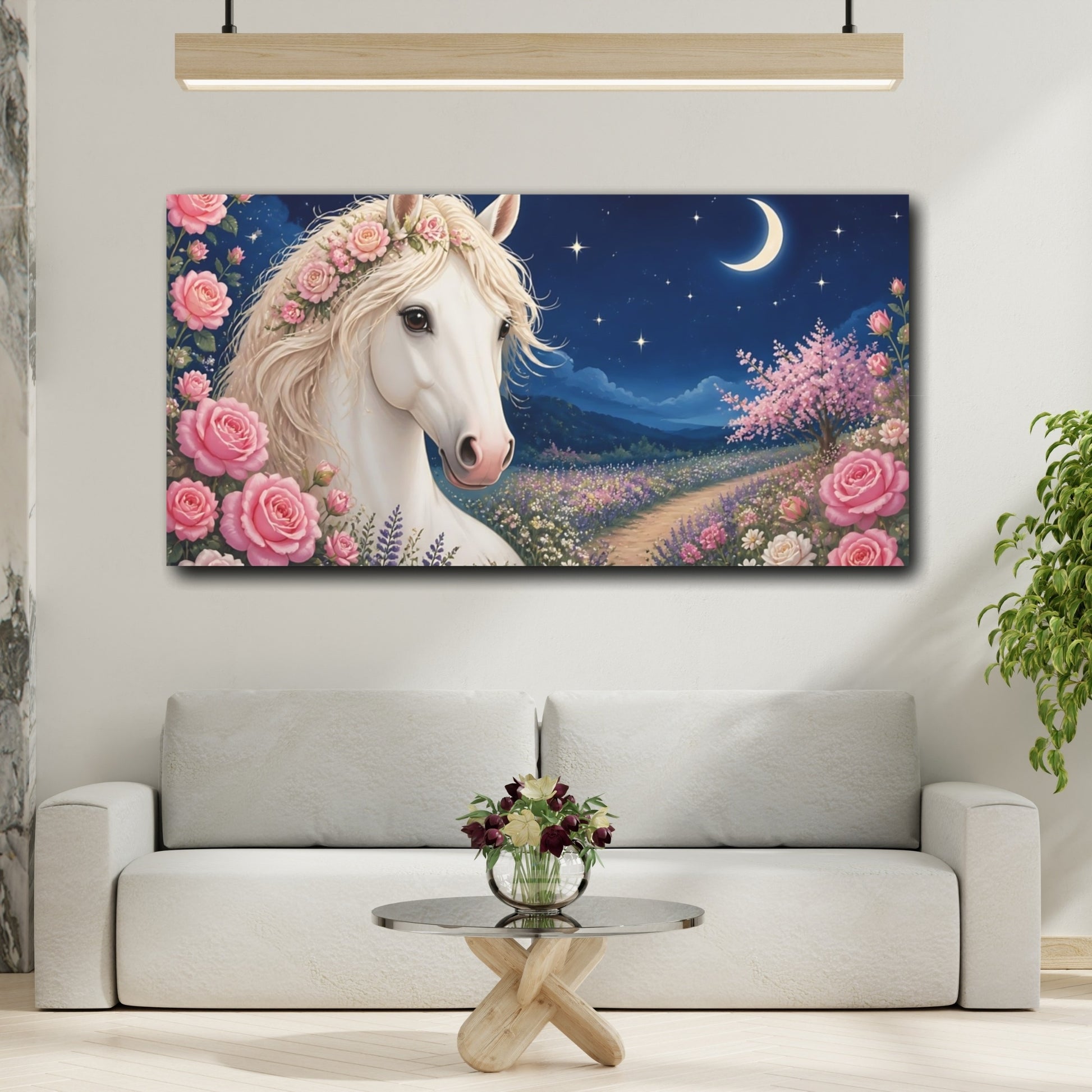 Mockup 2. Moonlit Rose Horse shown as canvas print