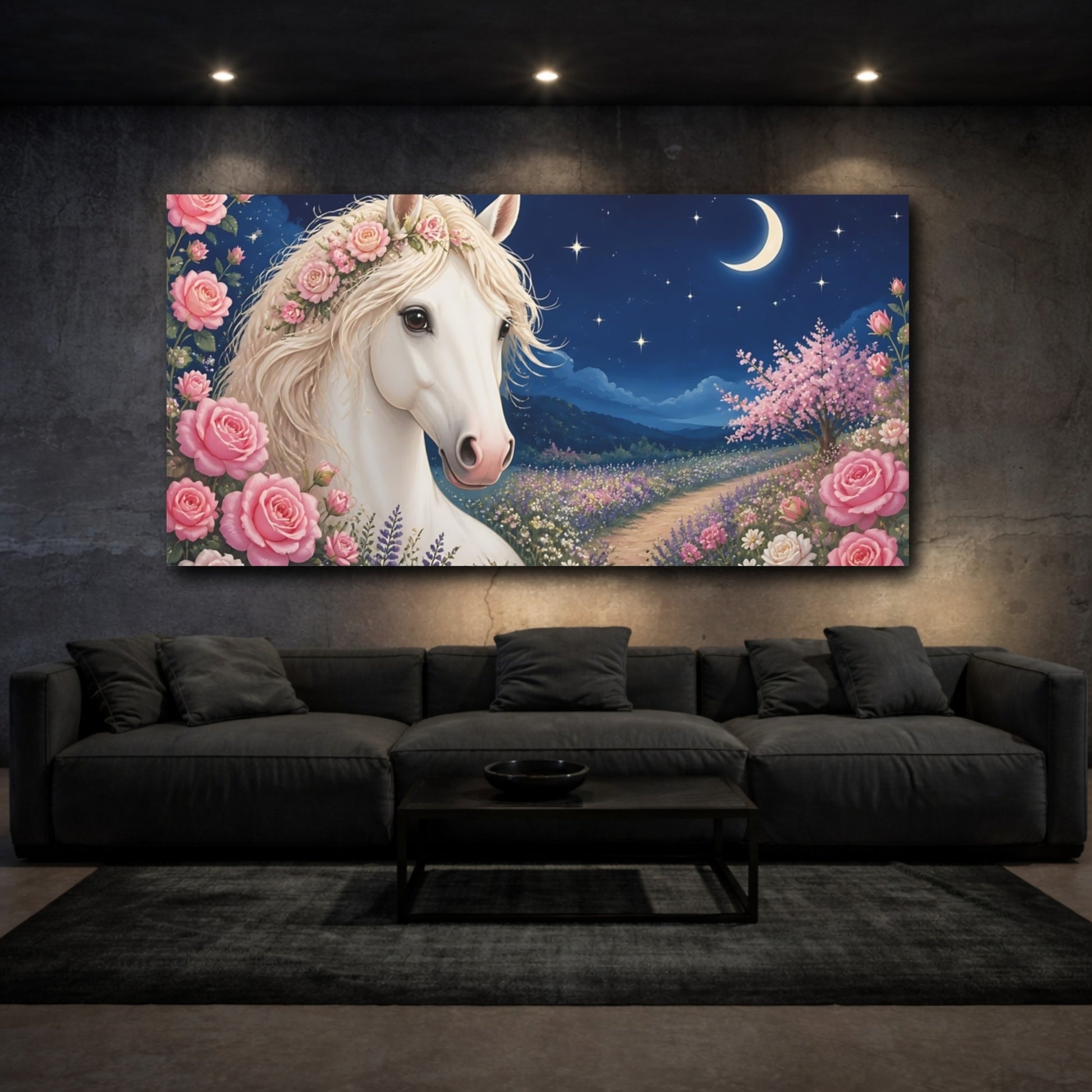 Mockup 3. Moonlit Rose Horse shown as canvas print