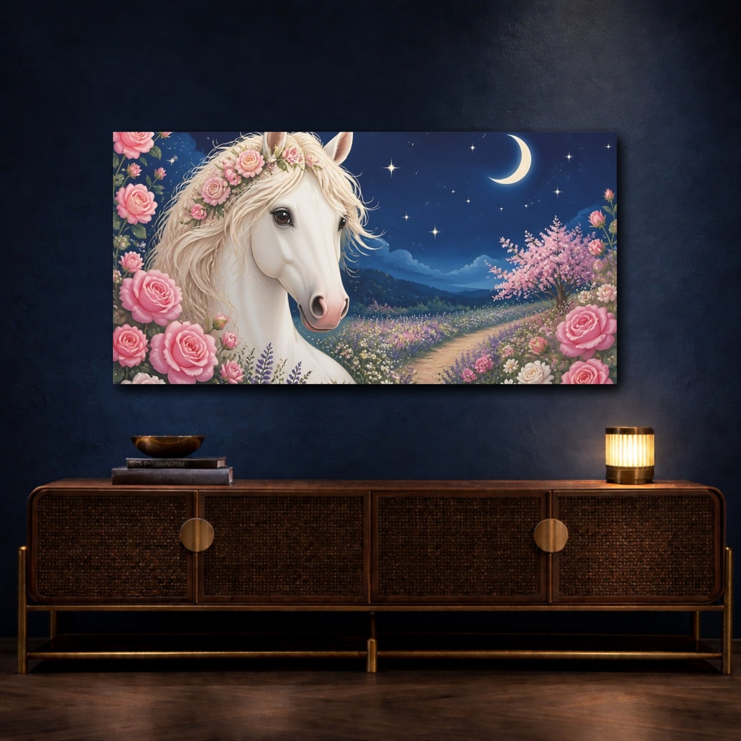 Mockup 4. Moonlit Rose Horse shown as canvas print